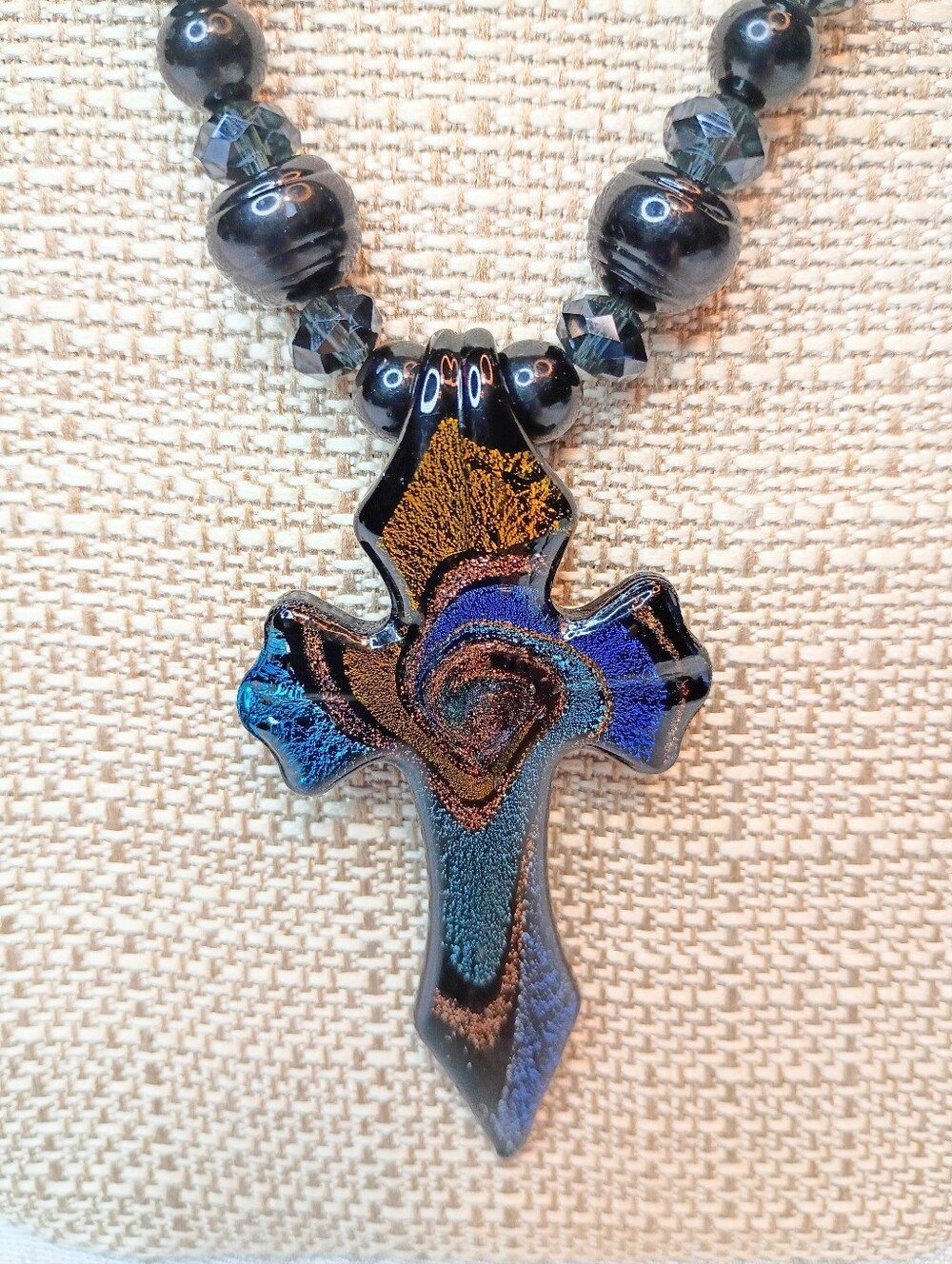 Black AB Glass Beaded Necklace  With Lampwork Glass Cross Pendant - Picture 3 of 5